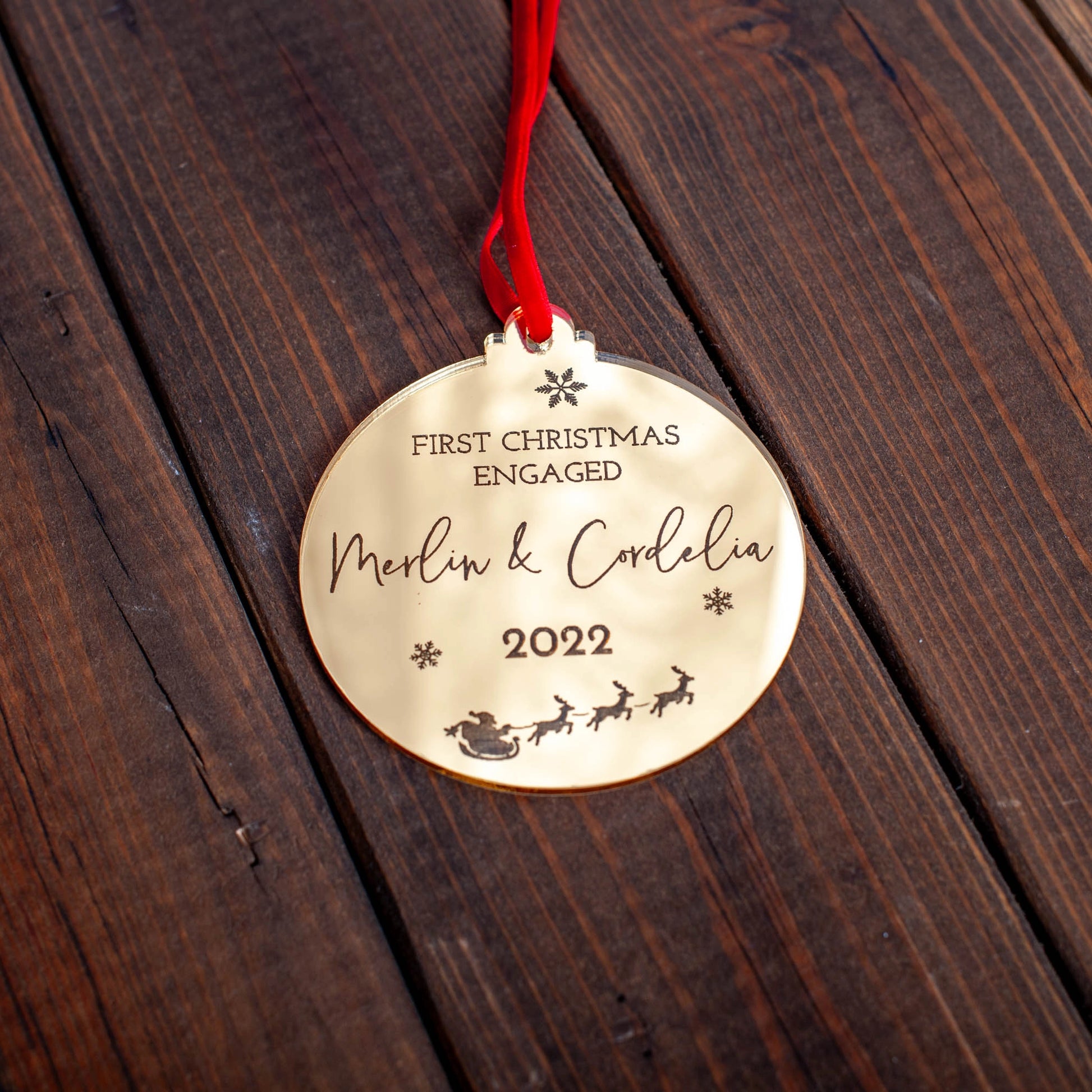 Gold mirror acrylic keepsake ornament for newly engaged couple