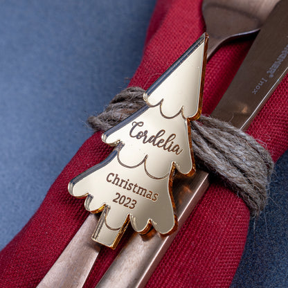 Luxury personalised Christmas tree place card engraved in gold acrylic for winter wedding