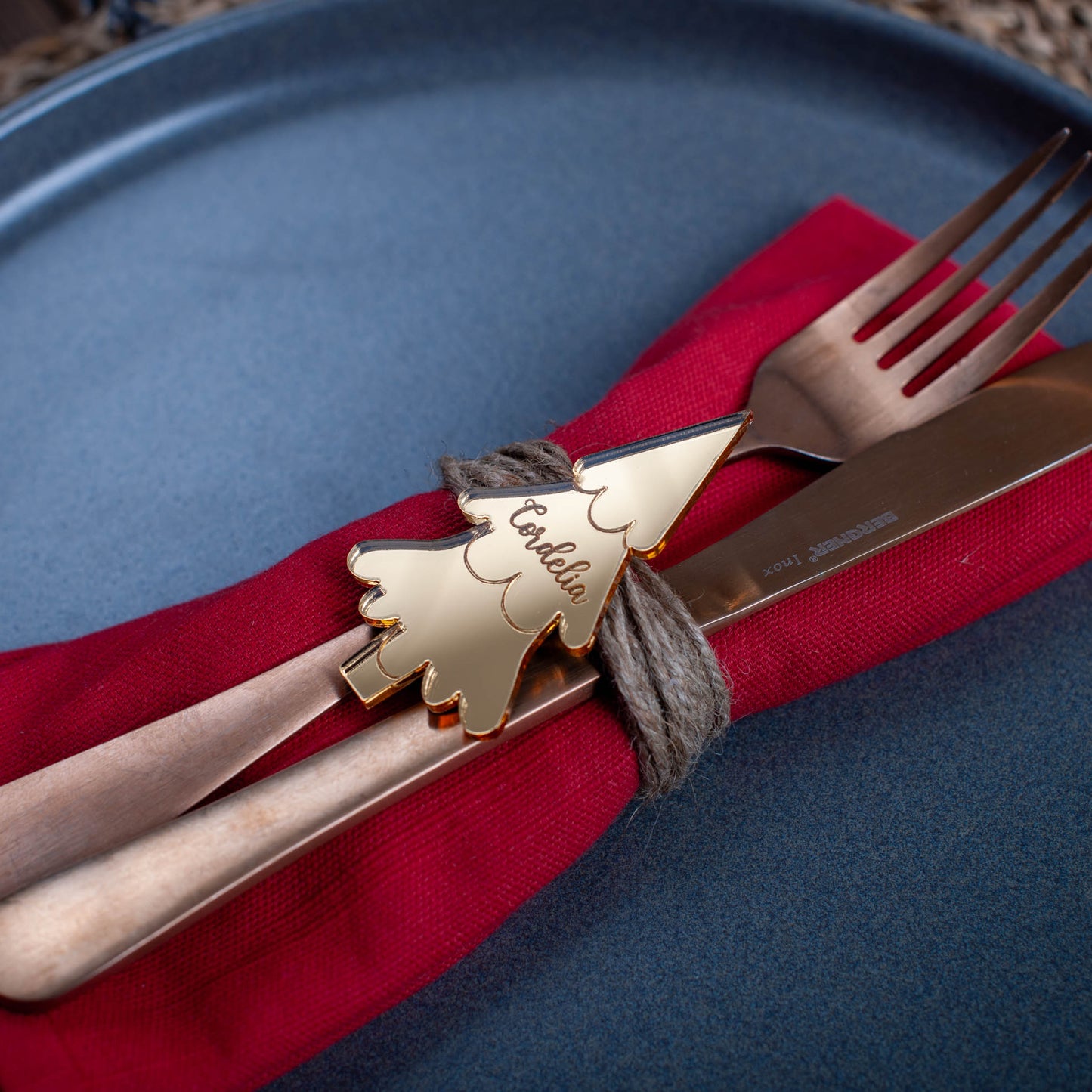 Elegant laser cut wooden Christmas tree name tag for festive table décor