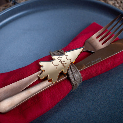 Elegant laser cut wooden Christmas tree name tag for festive table décor