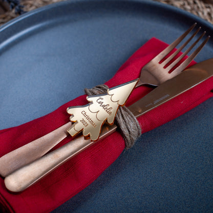 Luxury wedding table setting with engraved Christmas tree place cards