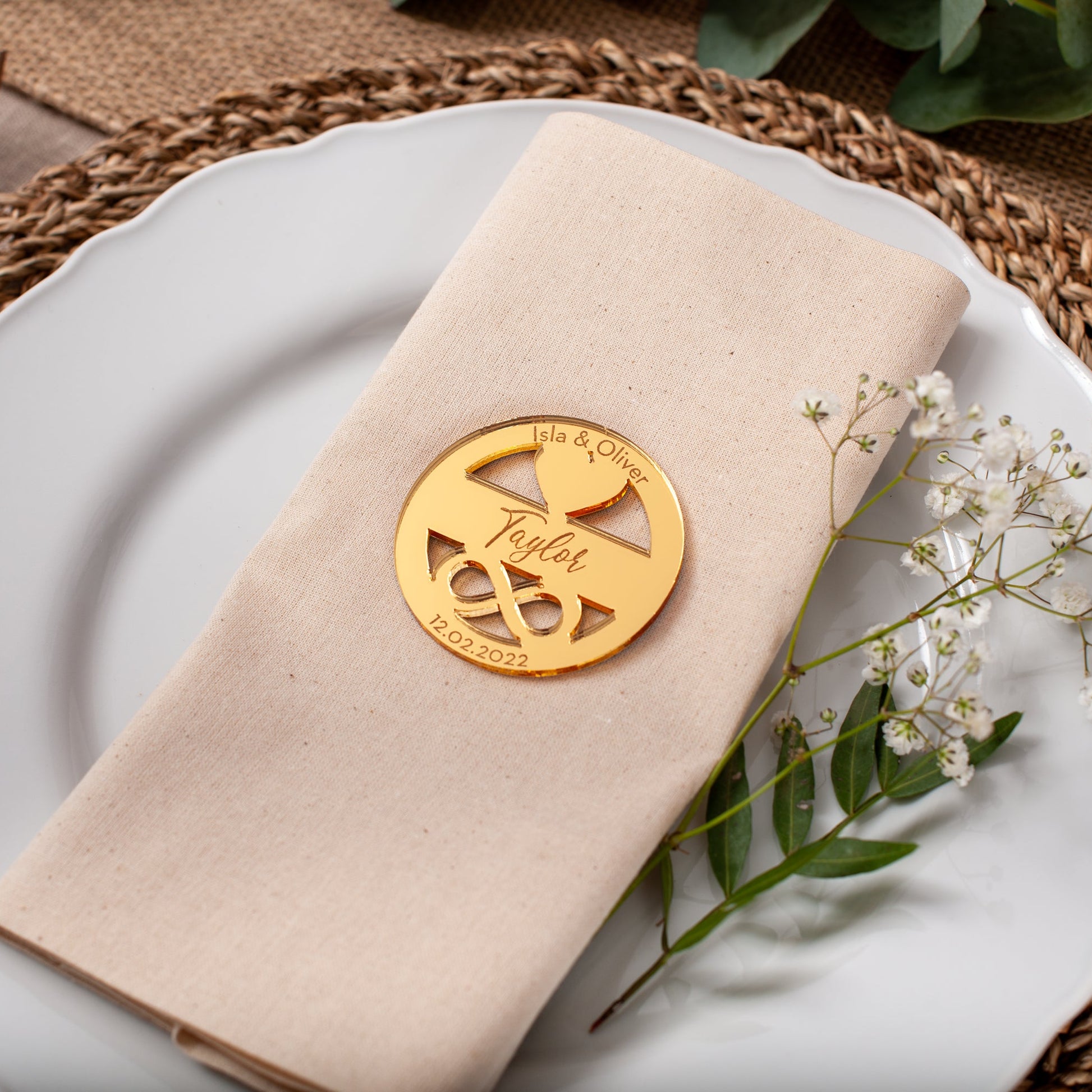 Personalised circle place name with heart and infinity cut out for wedding table