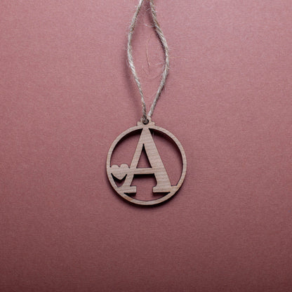 Custom monogram initial Christmas tag in wood and acrylic finish