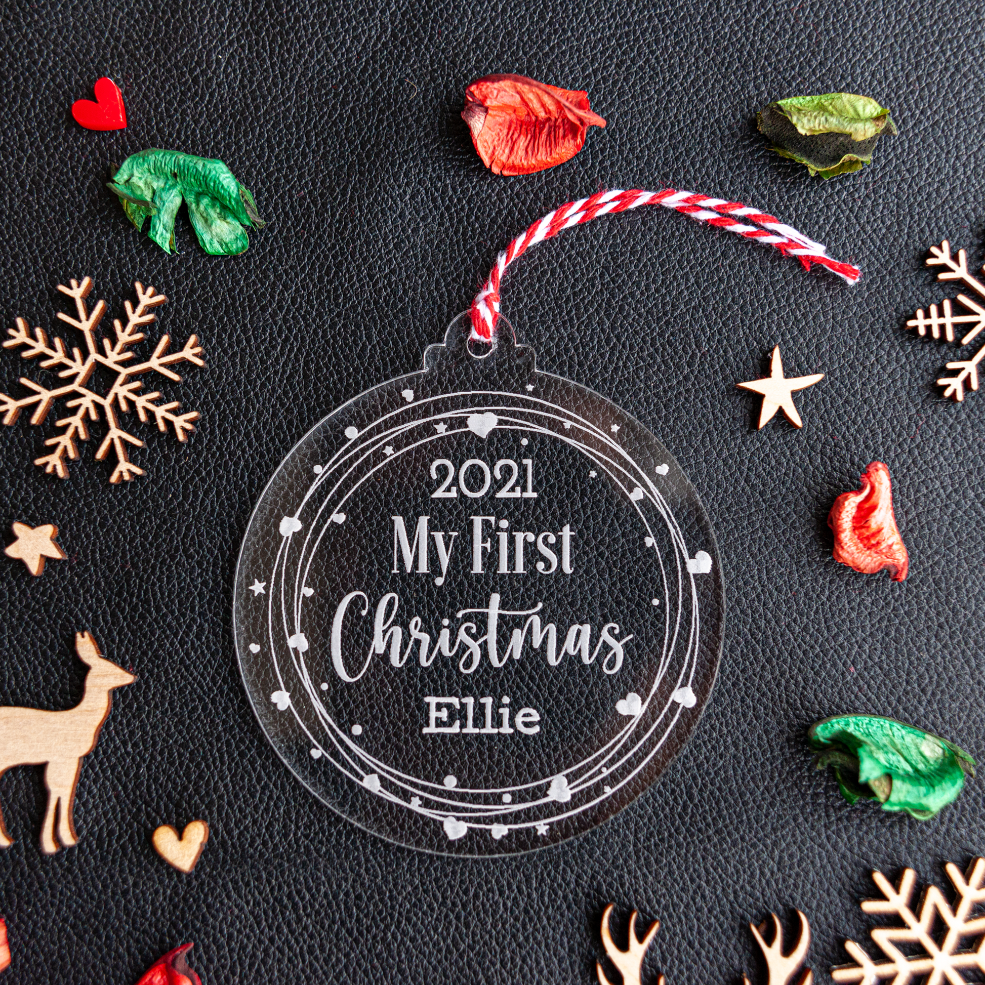 My First Christmas bauble with love heart wreath and baby’s name engraved