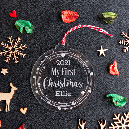 My First Christmas bauble with love heart wreath and baby’s name engraved