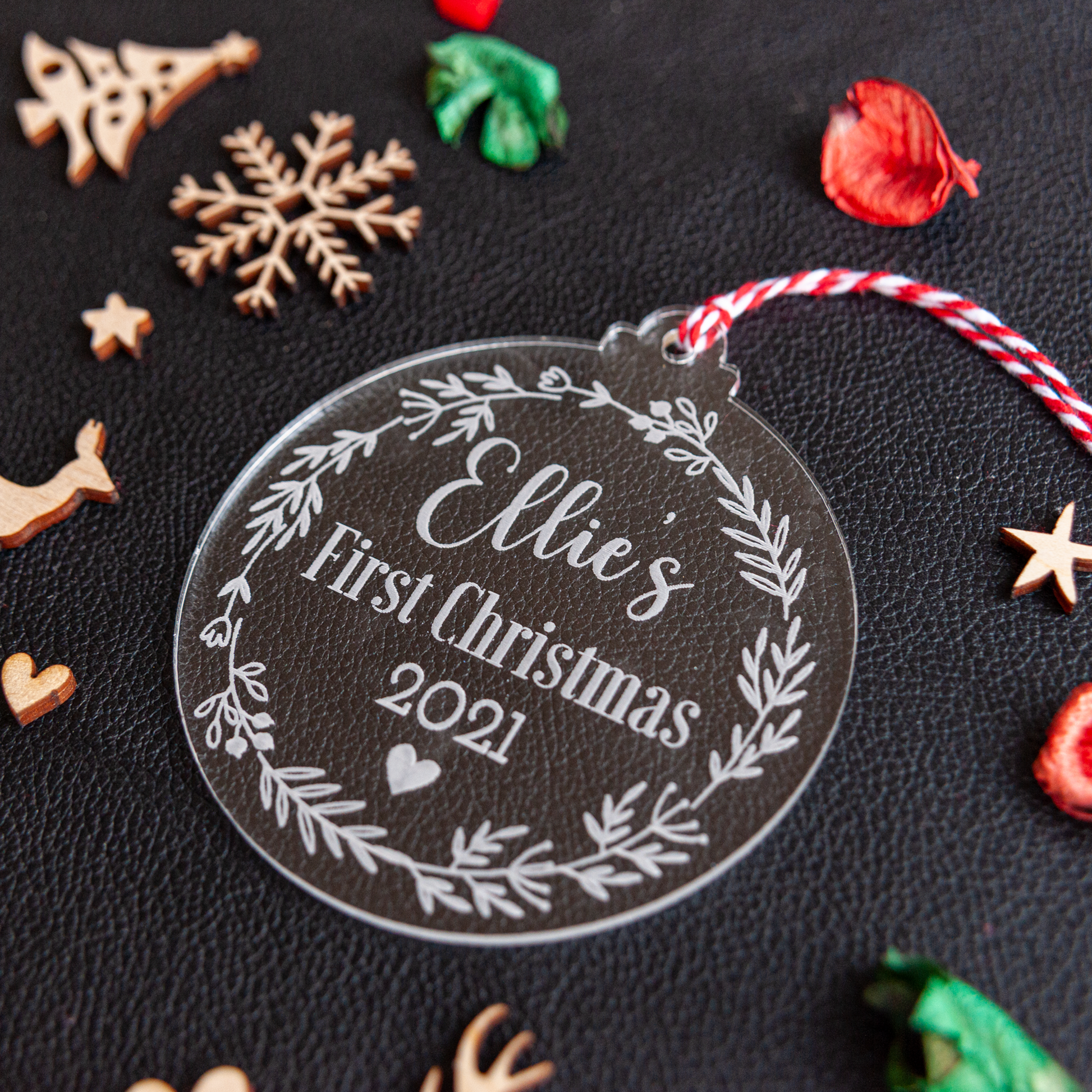 Engraved clear acrylic baby name ornament with year