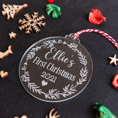 Engraved clear acrylic baby name ornament with year