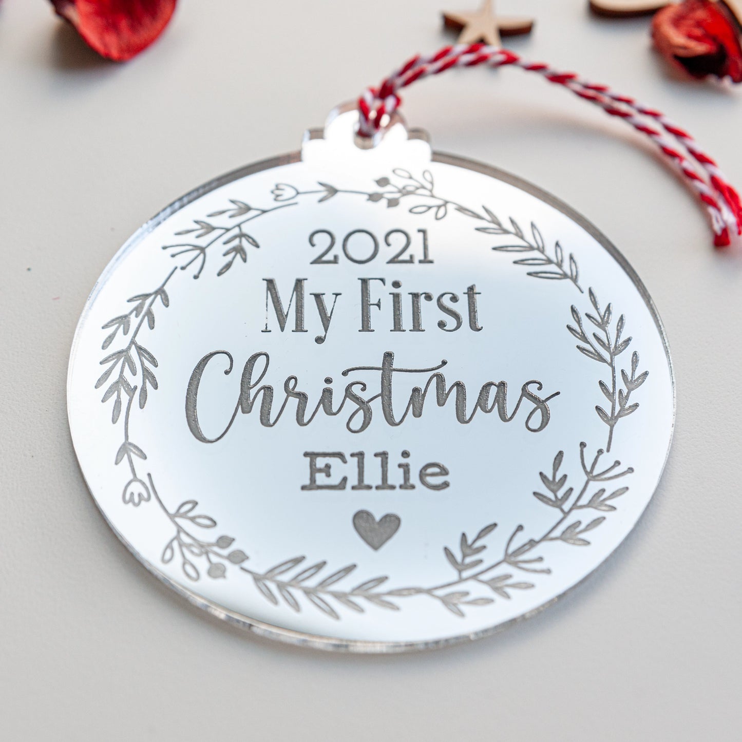 Personalised newborn my first Christmas silver mirror bauble keepsake