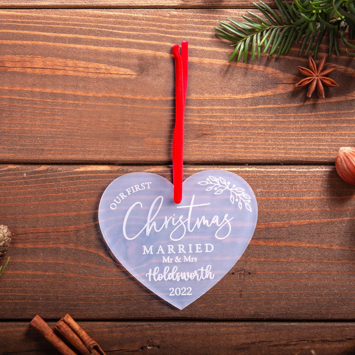 Personalised frosted heart ornament for first Christmas married