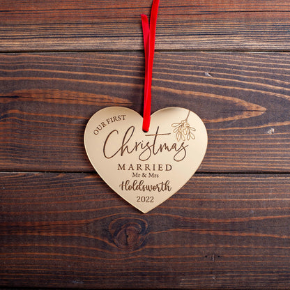 Personalised gold mirror ornament for newlywed couple