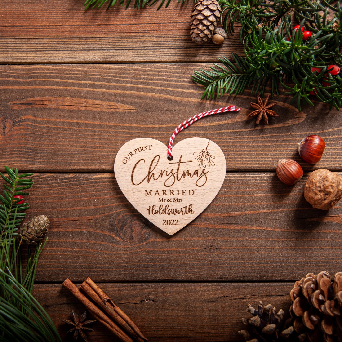 Personalised wooden bauble for first Christmas as a married couple