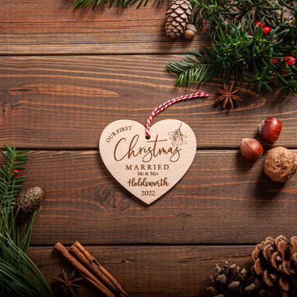 Personalised wooden bauble for first Christmas as a married couple
