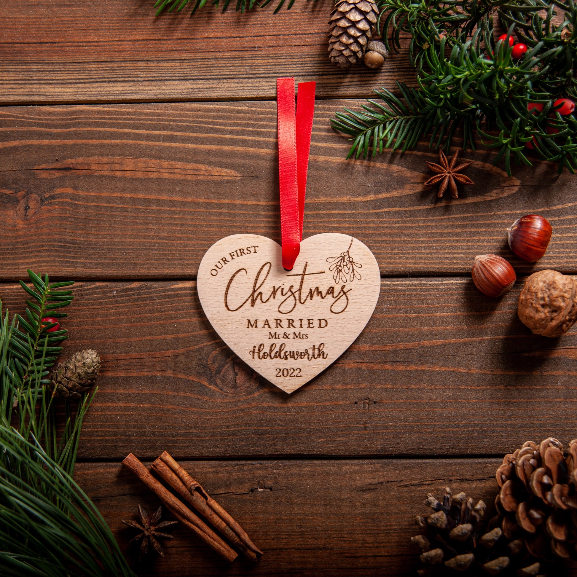 Rustic engraved ornament for first Christmas as a married couple