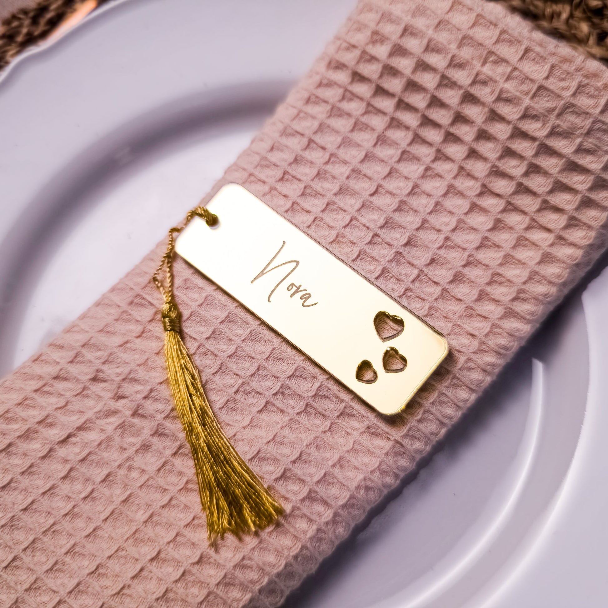 Personalised name card with heart cut out for wedding table decor