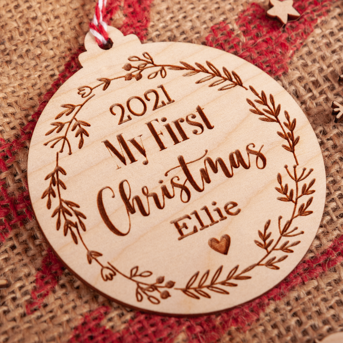 Rustic engraved baby name bauble keepsake with ribbon