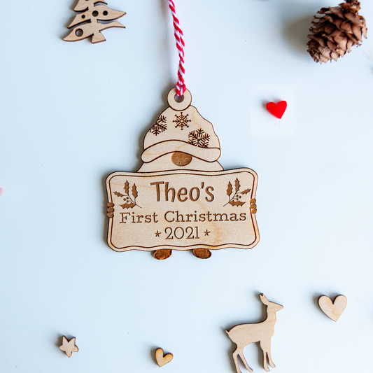 Personalized Baby’s First Christmas wooden Gonk bauble engraved with name and year