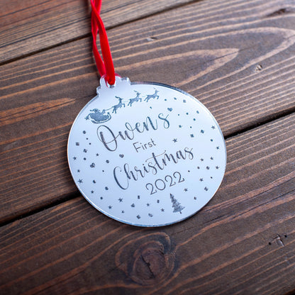 Luxury silver mirror baby ornament hanging on Christmas tree