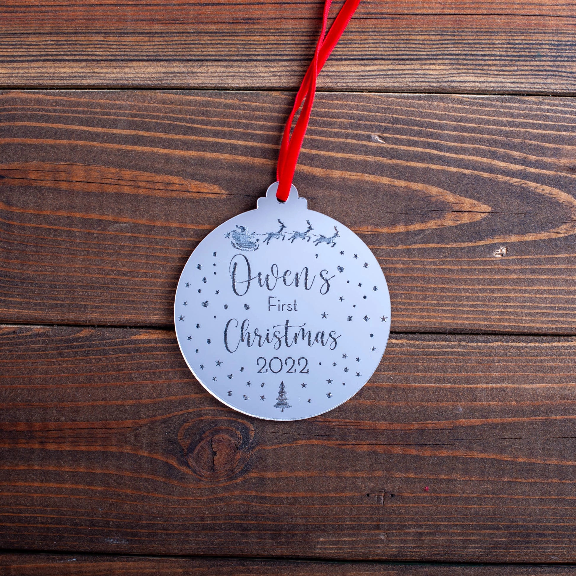 Personalised silver mirror ornament with baby’s name and year