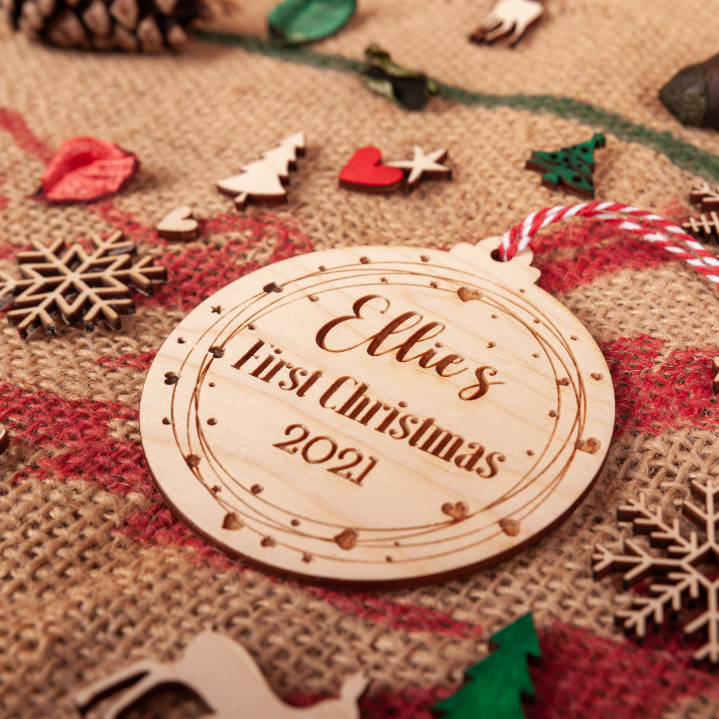 Wood first Christmas ornament personalised with name and year
