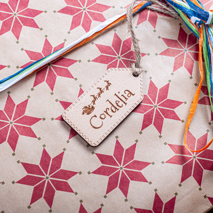 Engraved wooden Christmas gift tag with Santa and sleigh design