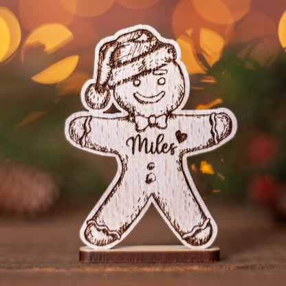 Personalised gingerbread man place name made from wood for Christmas dinner table