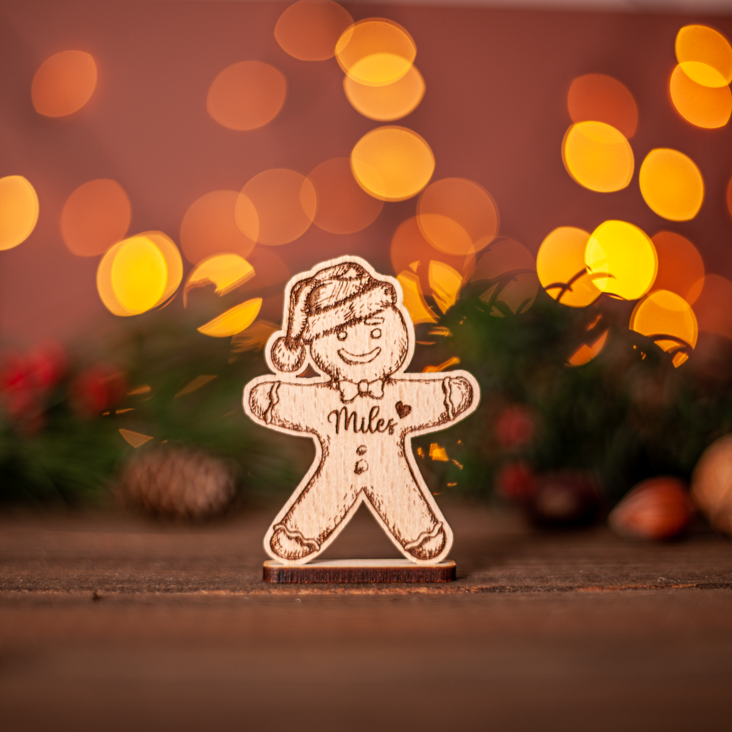 Custom engraved gingerbread man name tag for winter wedding or Christmas party
