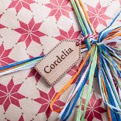 Wooden Christmas stocking name tag engraved for holiday hosting