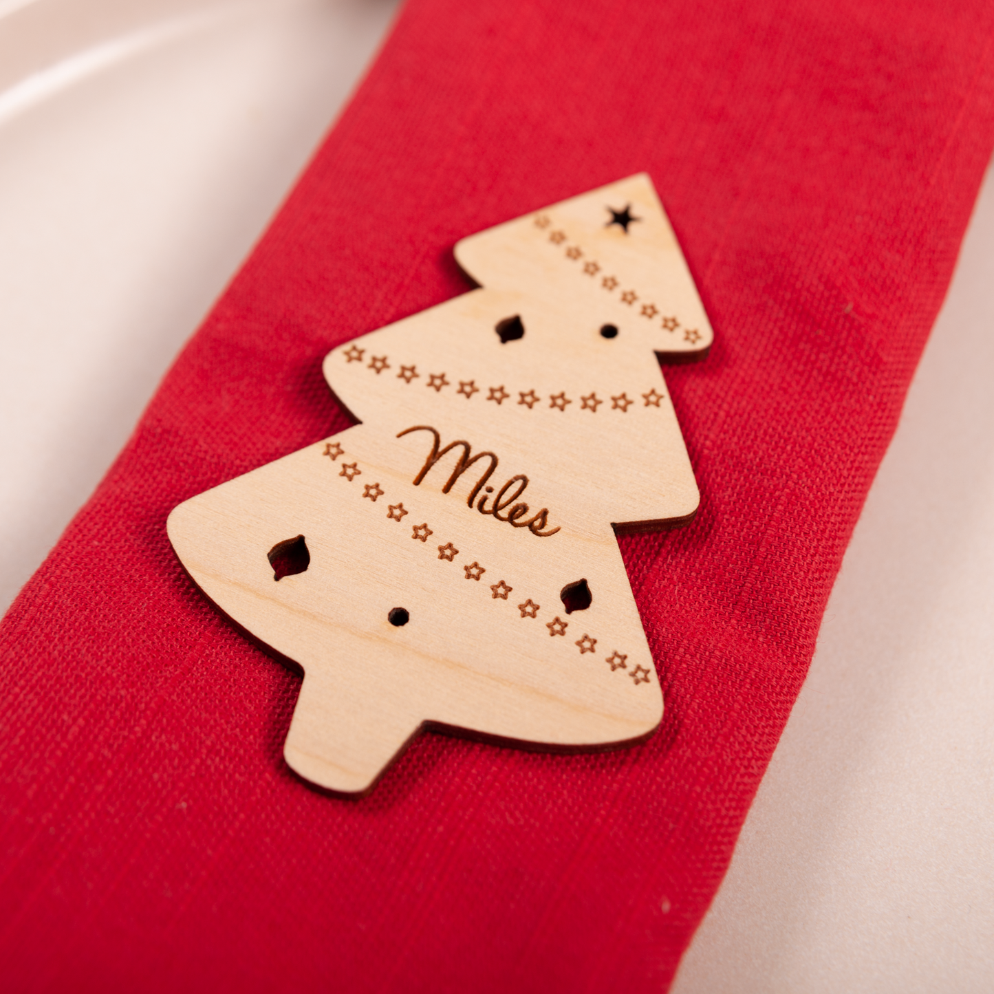 Personalised wooden Christmas tree name display for family dinner table
