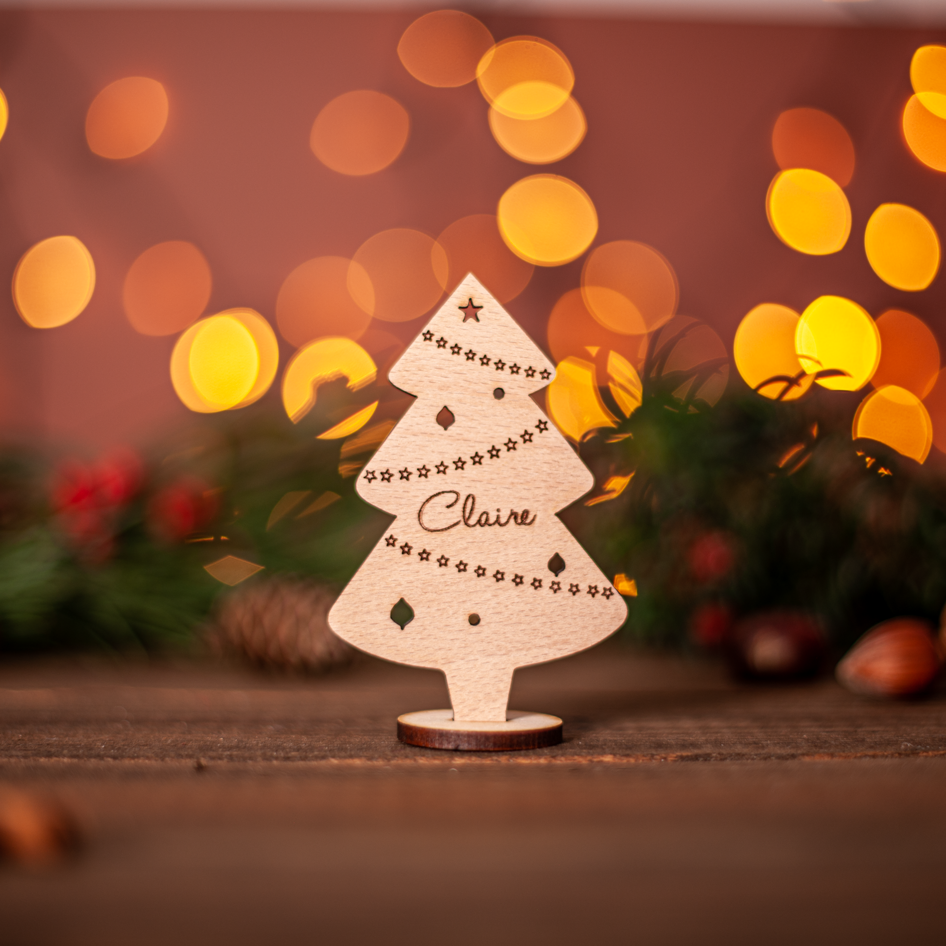 Personalised free-standing Christmas tree place name in wood finish