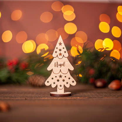Laser cut Christmas tree name tag for stylish festive hosting décor