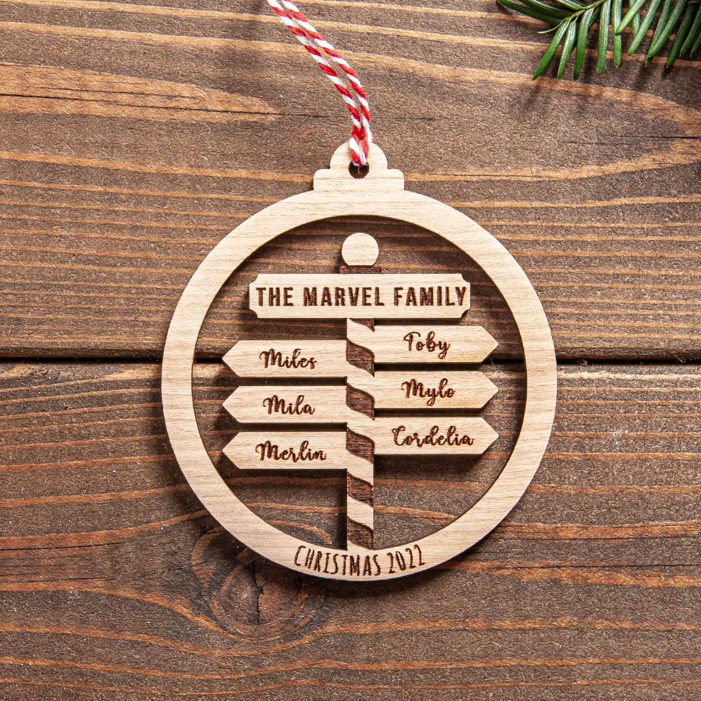 Personalised Family Christmas Bauble – Laser Cut Names on North Pole Post