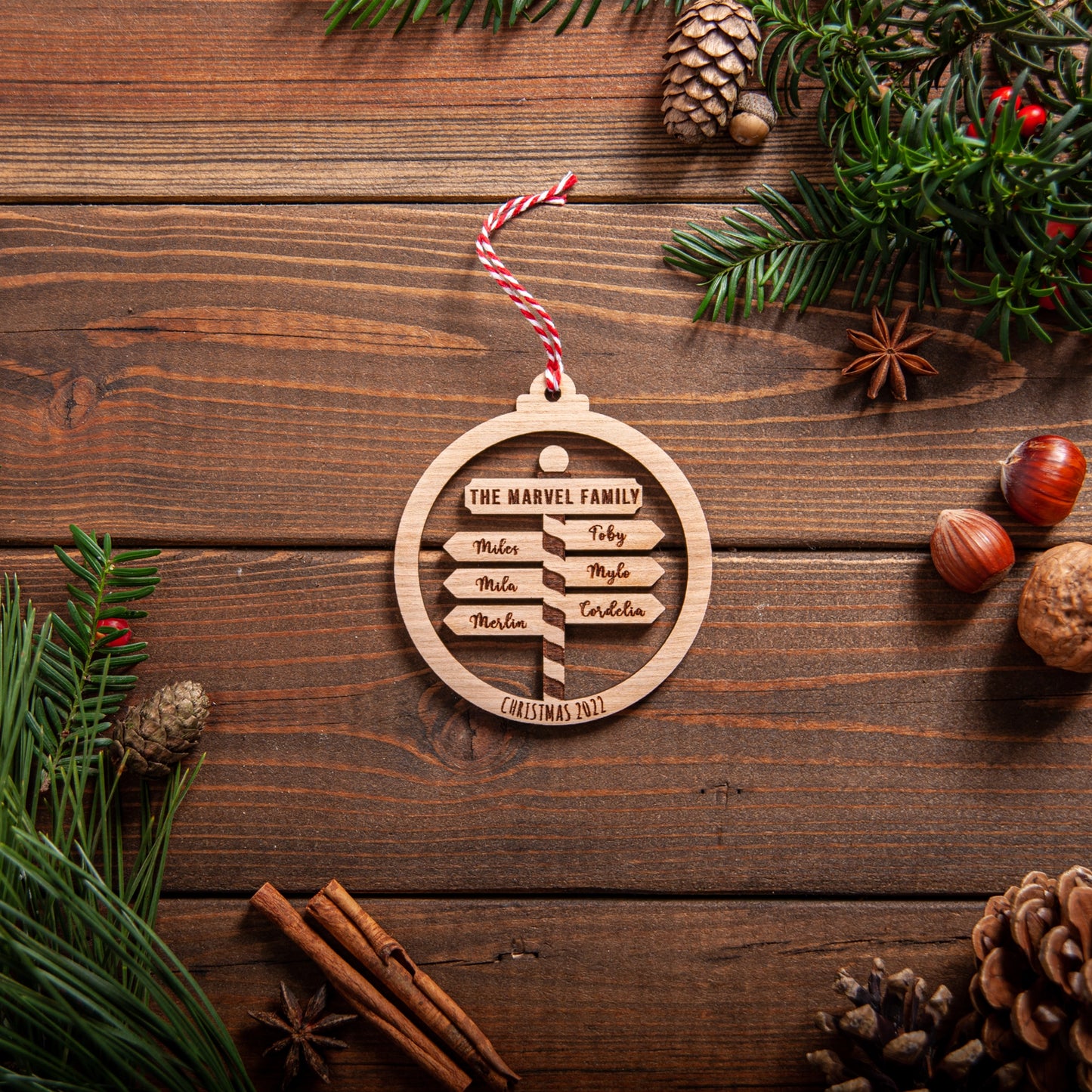 Personalised Family Christmas Bauble – Laser Cut Names on North Pole Post
