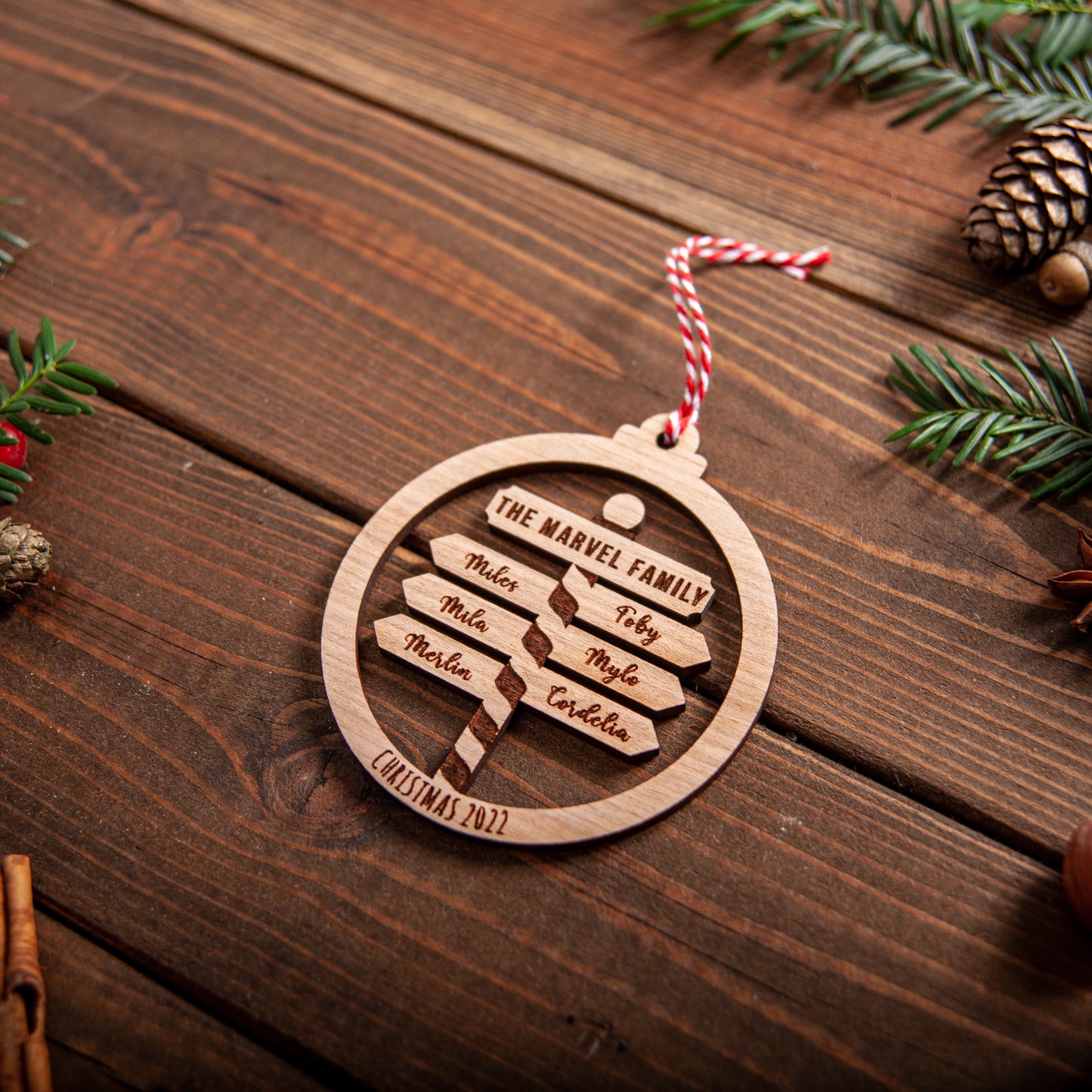 Personalised Family Christmas Bauble – Laser Cut Names on North Pole Post