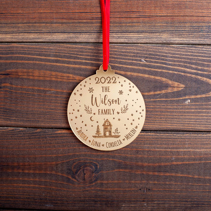 Personalised family ornament with engraved festive snowglobe scene