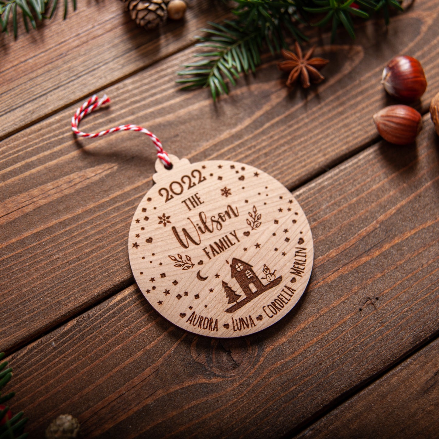 Custom acrylic family Christmas bauble snowglobe-style decoration