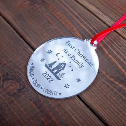 Engraved family Christmas tree decoration in gold mirror acrylic