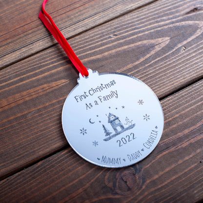 Luxury engraved family Christmas ornament with ribbon