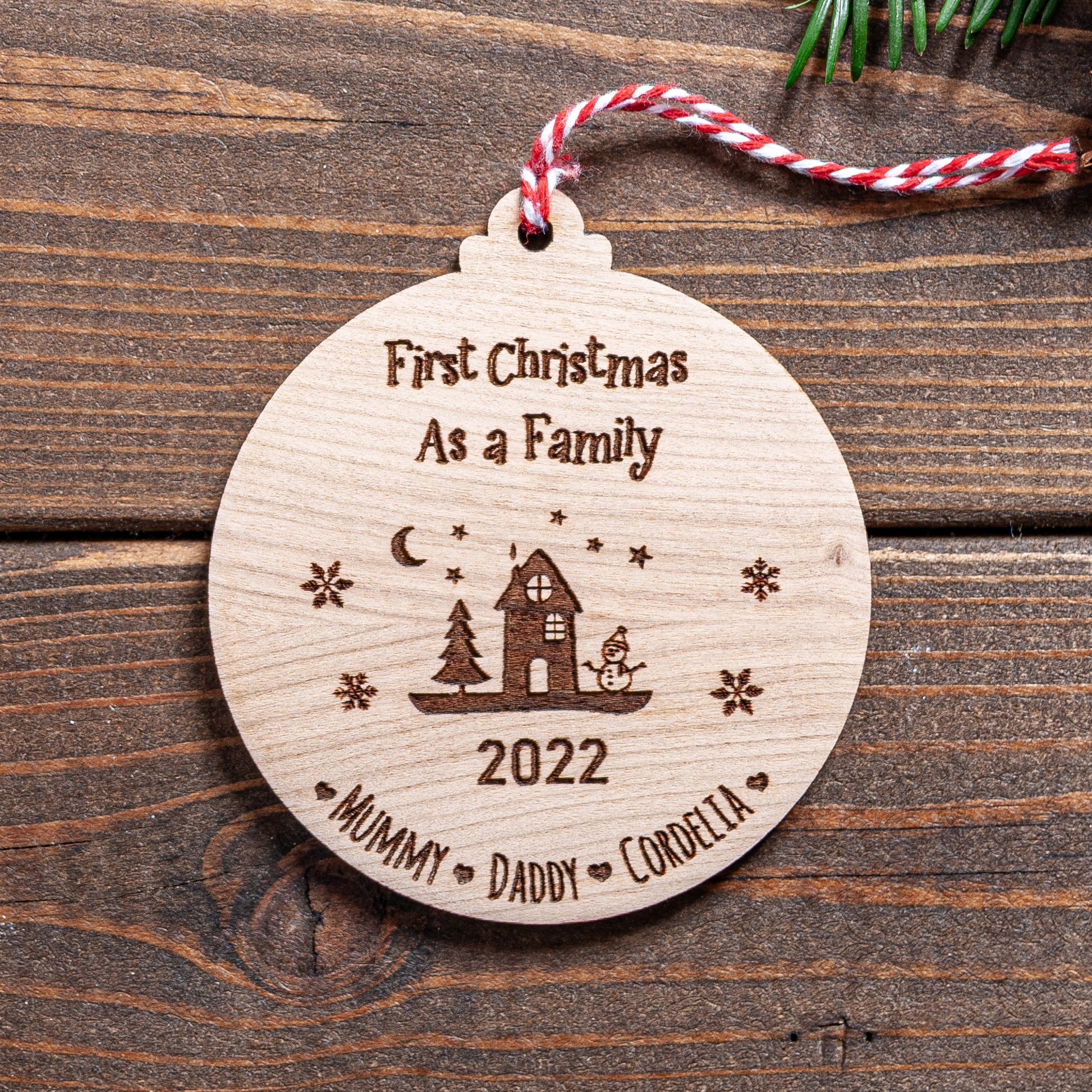 Personalised first Christmas as a family wooden bauble ornament