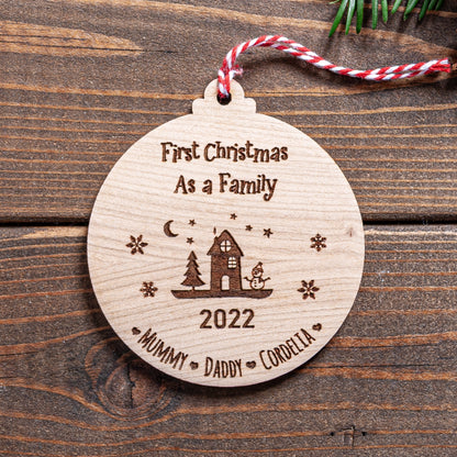 Personalised first Christmas as a family wooden bauble ornament