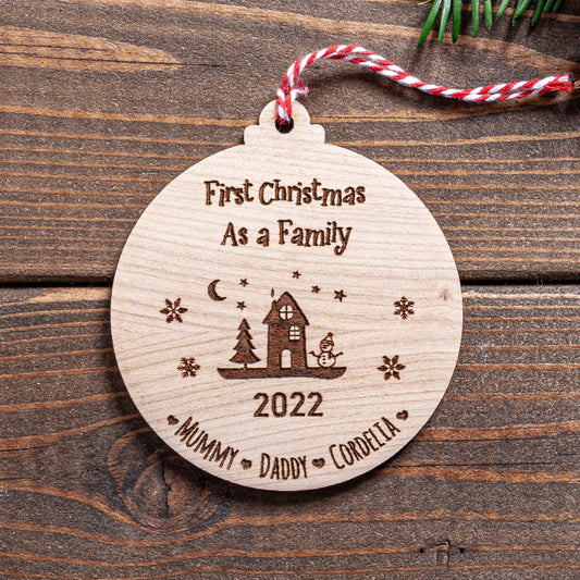 Personalised first Christmas as a family wooden bauble ornament