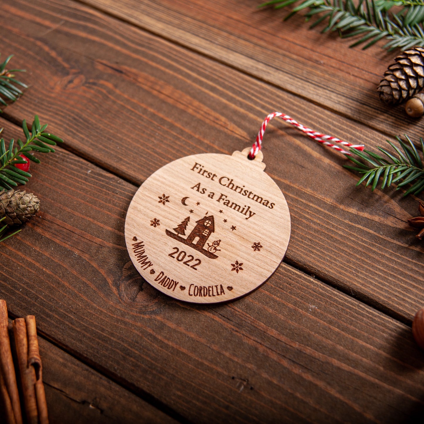 Custom family Christmas tree ornament for first Christmas together