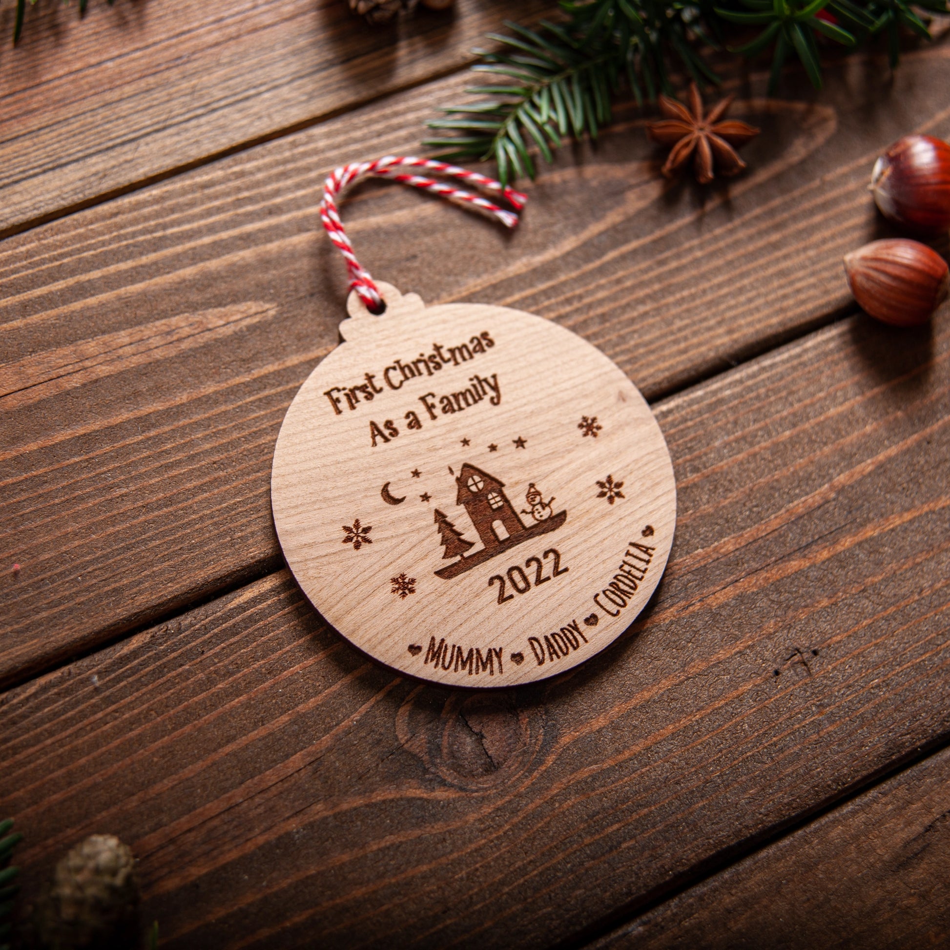 Personalised Christmas ornament for new family or newlyweds