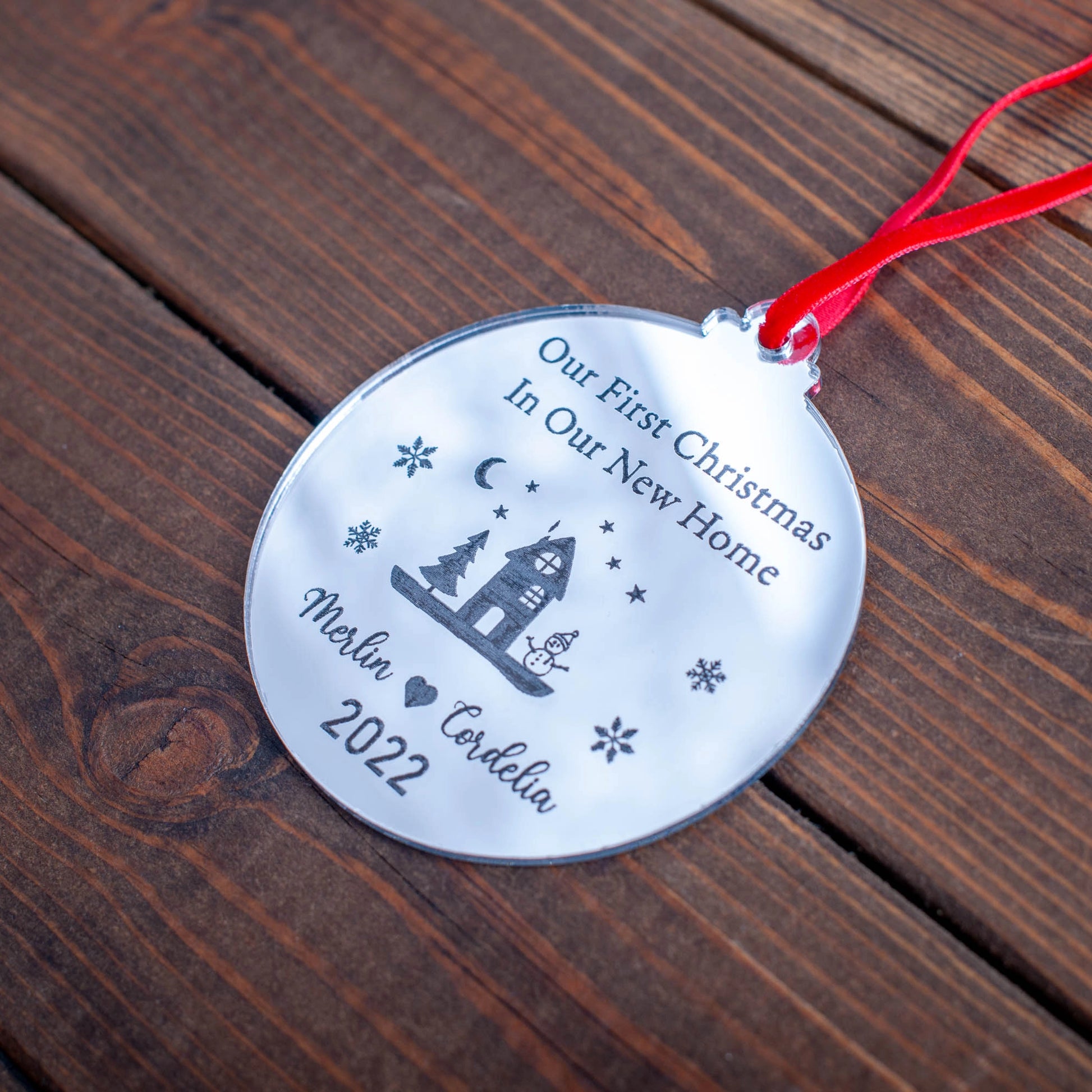 Personalised silver mirror housewarming ornament with engraved text