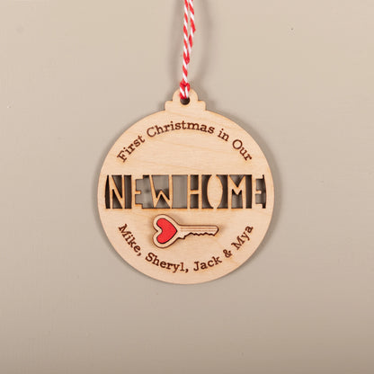 Personalised new home key Christmas ornament engraved on wood