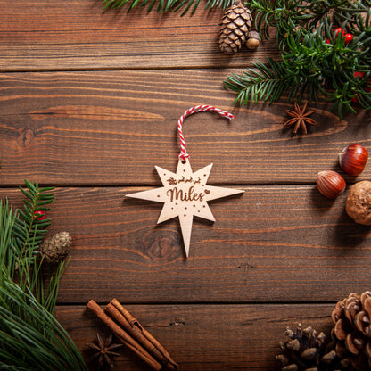 Personalised Northern Star Christmas Bauble – Engraved Wood or Acrylic Ornament