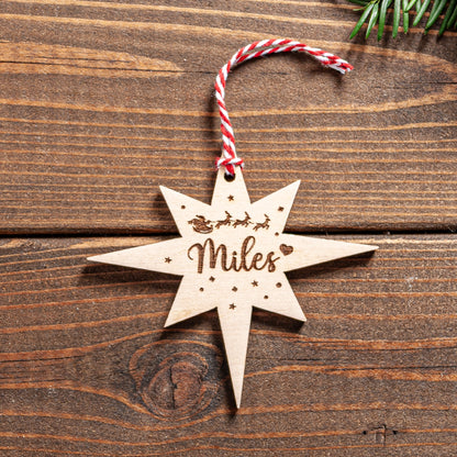 Personalised Northern Star Christmas Bauble – Engraved Wood or Acrylic Ornament