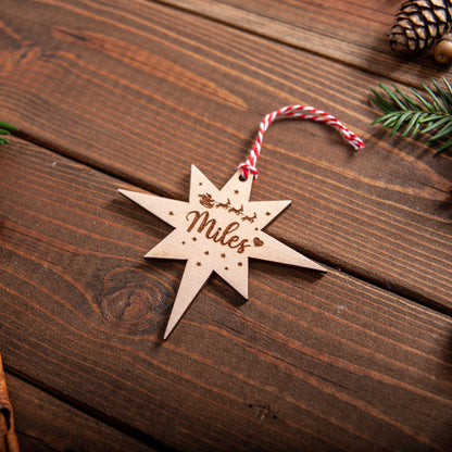 Personalised Northern Star Christmas Bauble – Engraved Wood or Acrylic Ornament