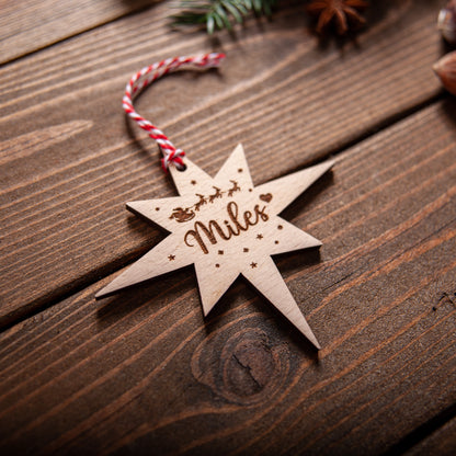 Personalised Northern Star Christmas Bauble – Engraved Wood or Acrylic Ornament