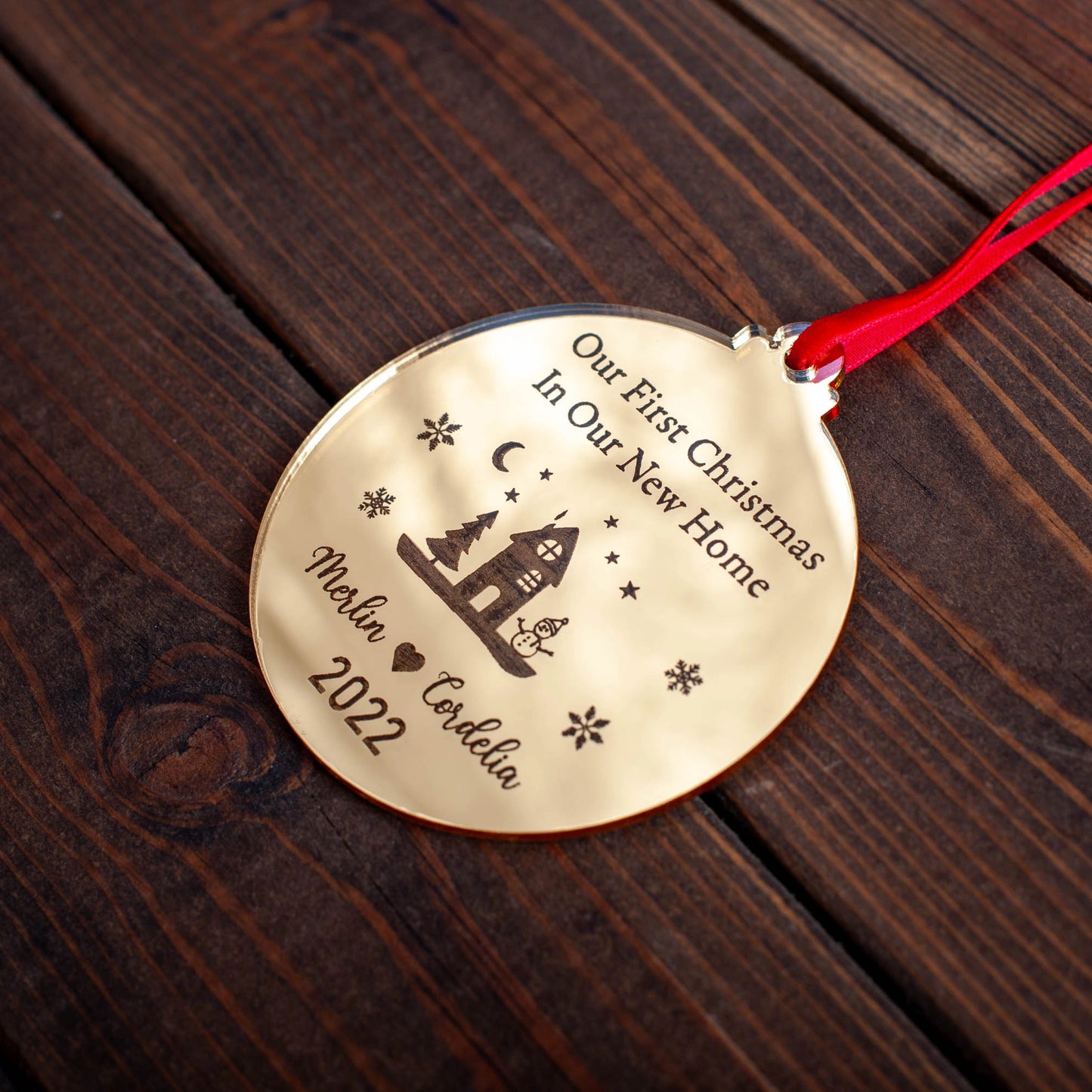 Handmade First Home Christmas ornament engraved with names