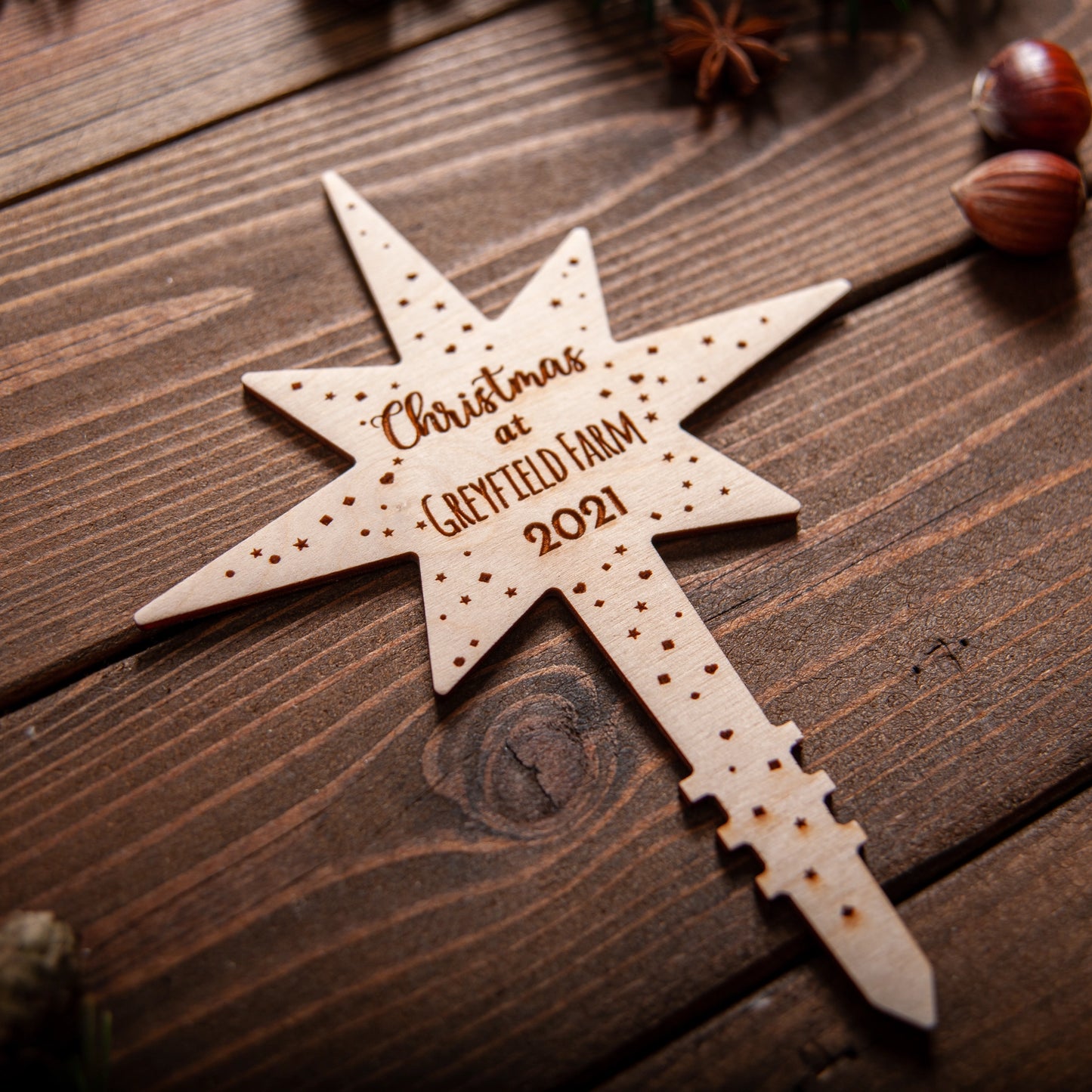 Engraved wooden Christmas tree star topper with custom text